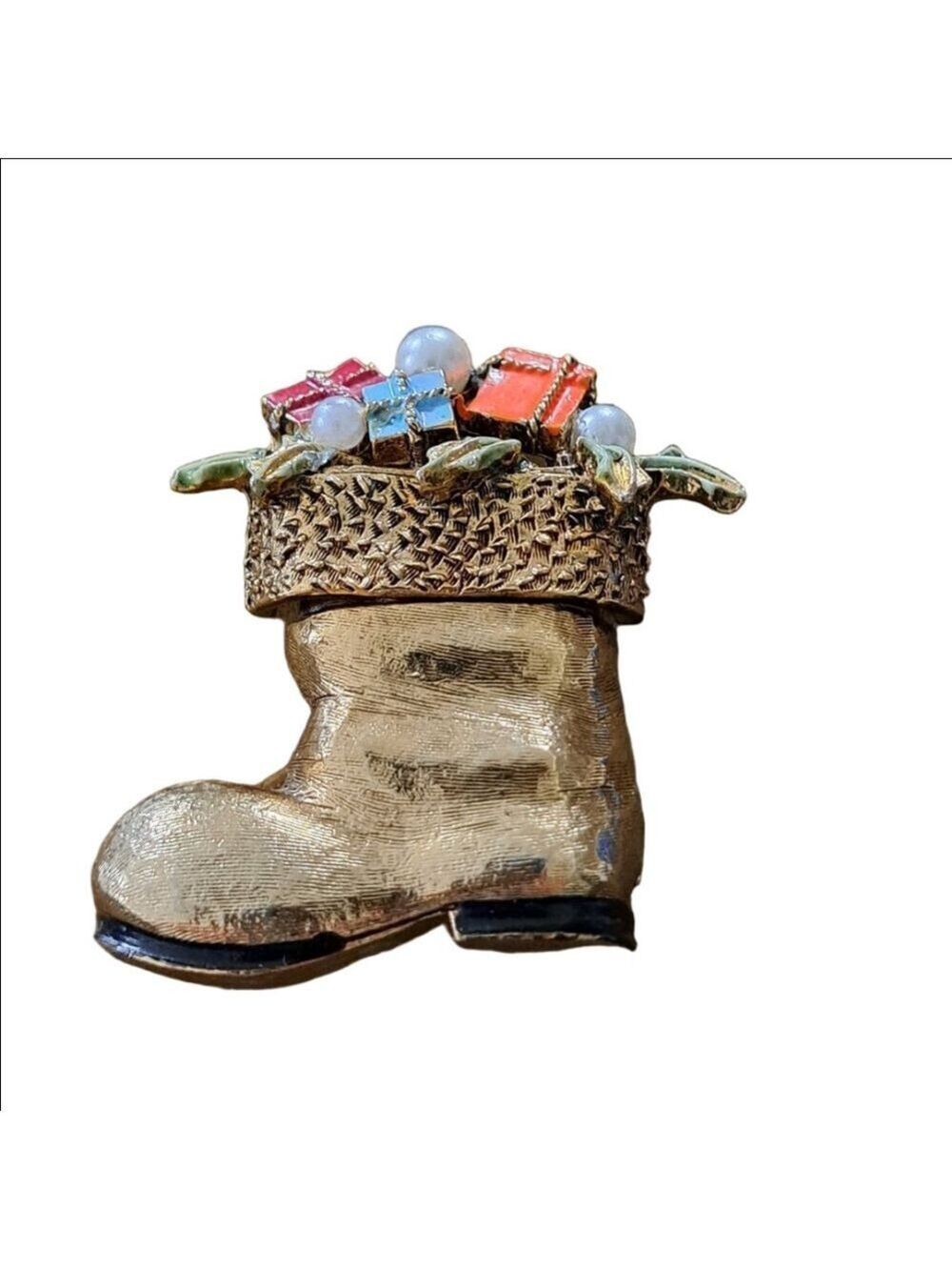 VTG Santa BOOT BROOCH TOY sack bronze detailed cuff Holiday jewelry coat pin